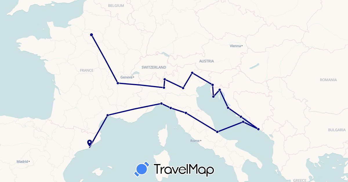 TravelMap itinerary: driving in Spain, France, Croatia, Italy (Europe)